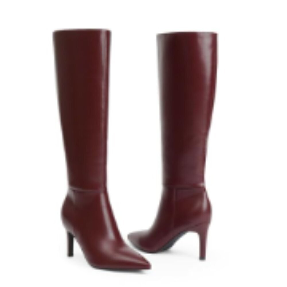 Knee High Boots Pointed Toe Stiletto Heel Faux Leather Side Zipper - Picture 5 of 7